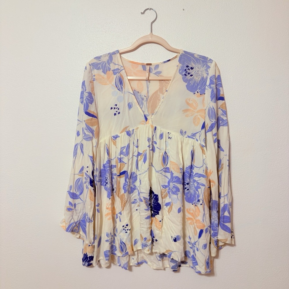 FREE PEOPLE Bella Tunic Top Ivory Blue Floral Print V-neck Babydoll Size XS - Picture 2 of 7